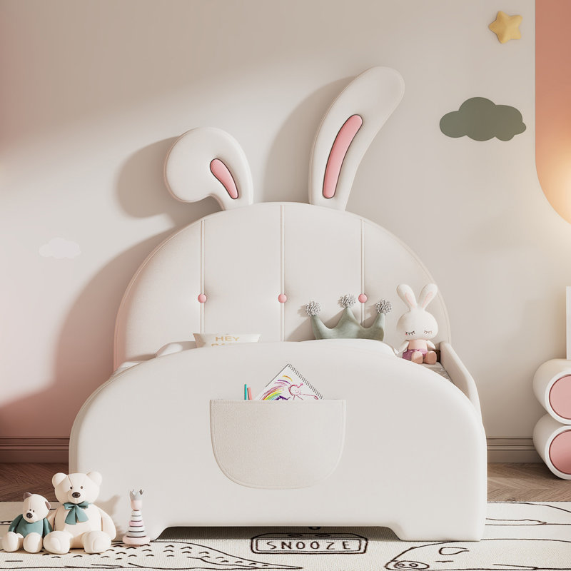 Lit simple tapissier en forme de lapin Princess, lit plateforme simple avec tête et pied de lit, Blanc