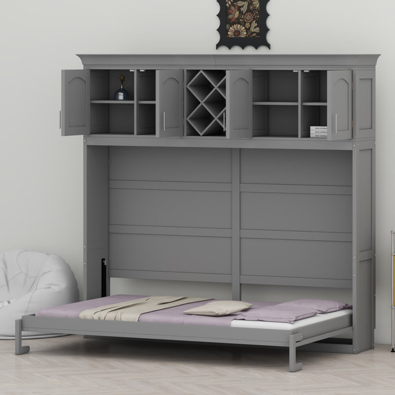 Lit escamotable moderne avec armoires de rangement et support à vin, Gris
