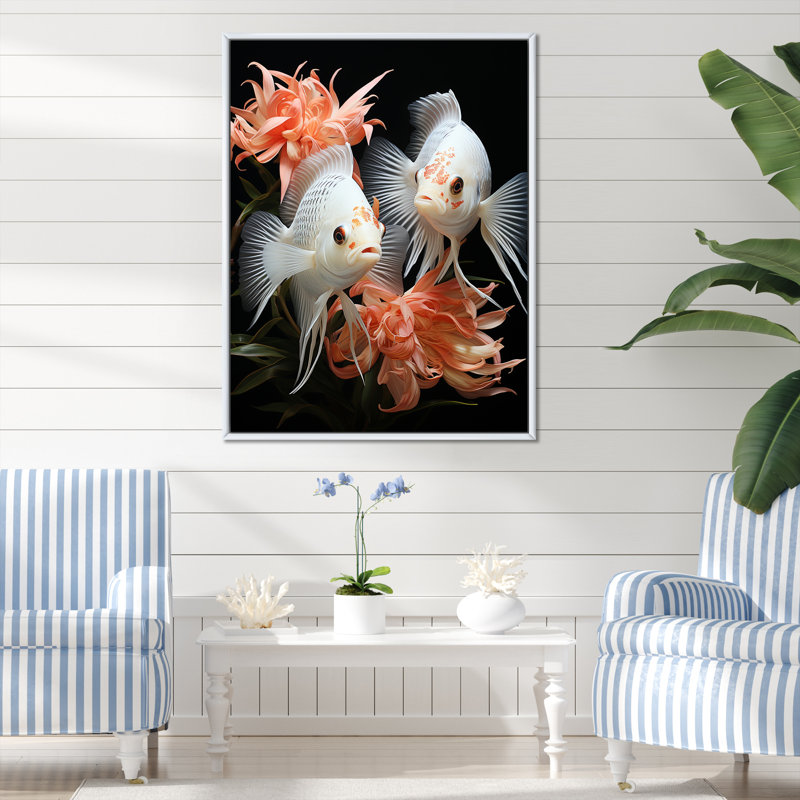 Corail classique, poisson et mouche symphonique - art mural poisson papillon, Cadre flottant blanc
