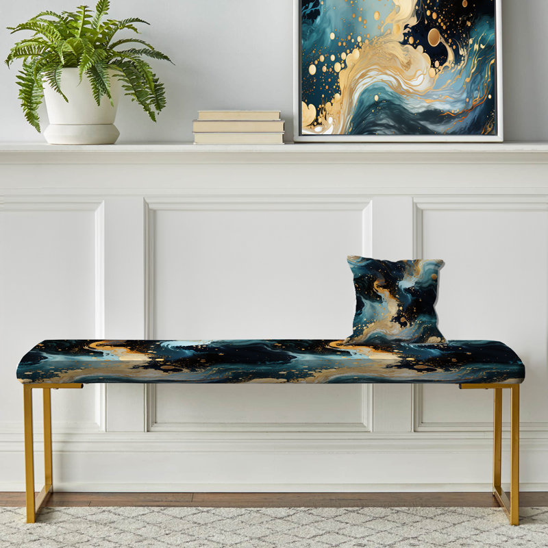 Gold And Teal Galactic Marble Dream - Marble Upholstered Gold Bench