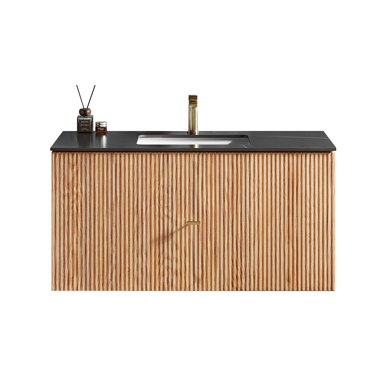 Jamell 42 Wall Mount Modern Bathroom Vanity, Black, Natural Oak
