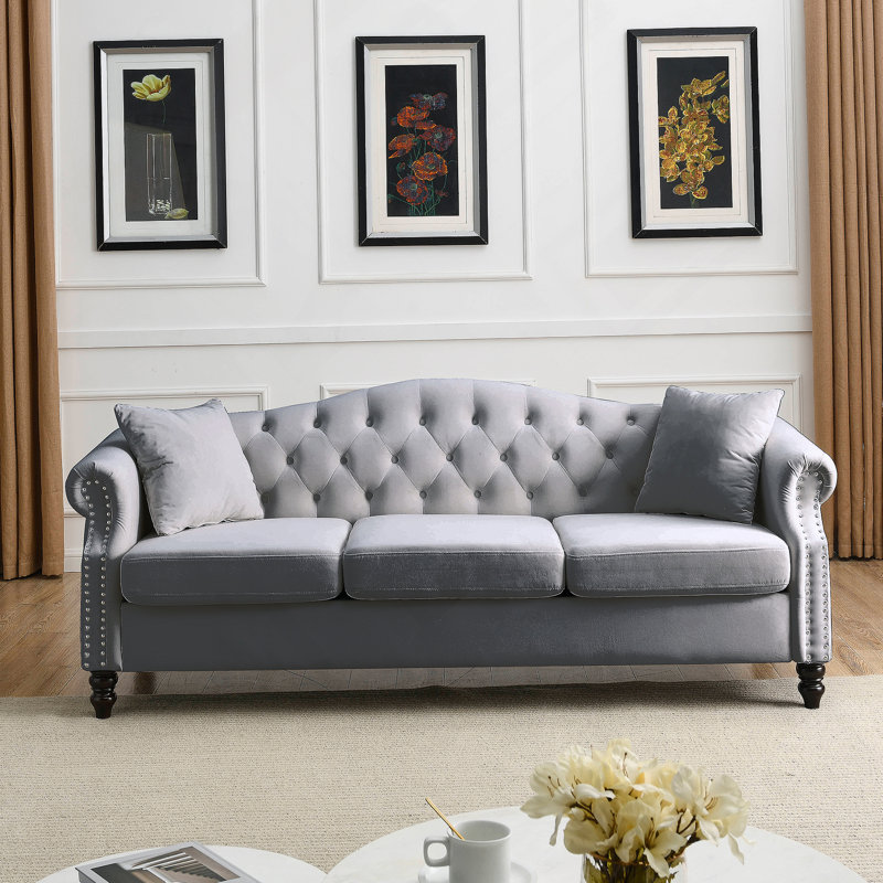 Canapé Chesterfield Meghans, H 32 po x l 79 po x P 30 po, Velours gris velours