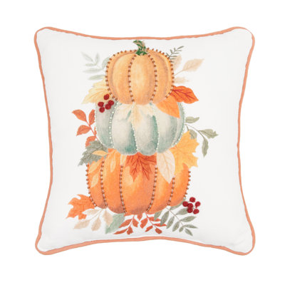 Botanical Pumpkin Stack Beaded Piped Harvest Throw Pillow 12" x 12"