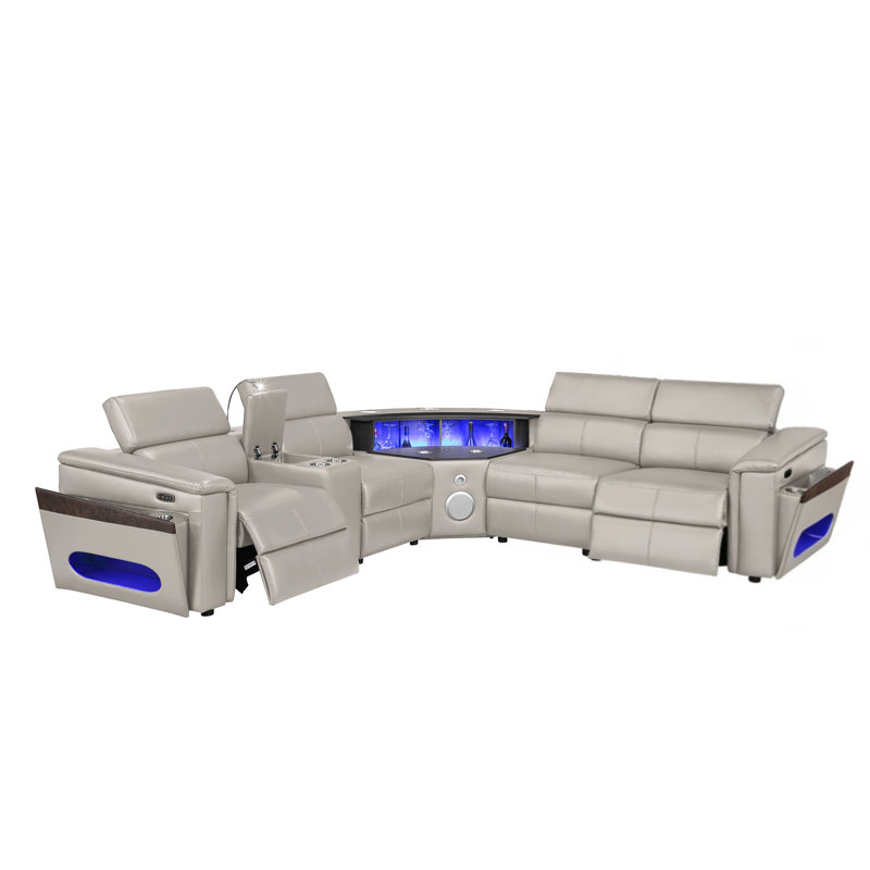 Smart Lounge Power Reclining Sectional Sofa with LED Reading Light Console, USB & Wireless Charging, Gray Polyurethane