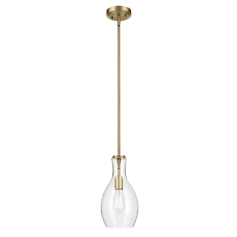 1-Light Natural Brass Modern Pendant with Seeded Glass Shade, Brass