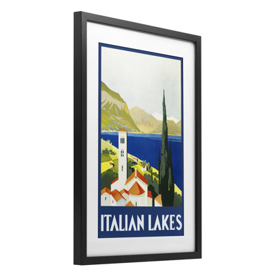Italian Lakes Retro Scenery Framed Print Under Glass, design by PIDDIX
