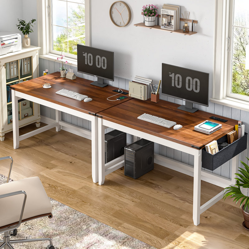Small Computer Desk With Power Outlet, Home Office Desk For Bedroom, Writing Desk With Storage Bag, Brown/White