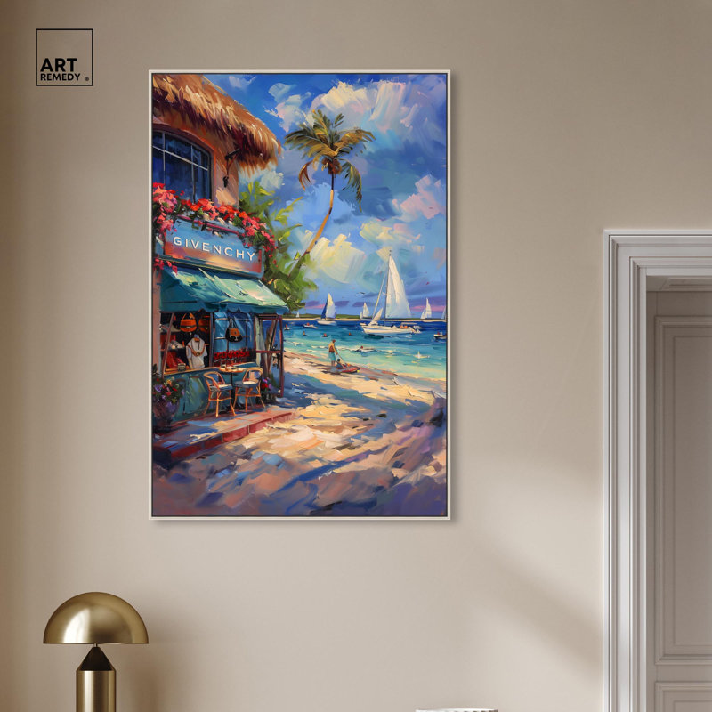 Art Remedy, toile de bord de mer moderne, magasinage à la plage, H 24 po x l 36 po, Cadre argenté