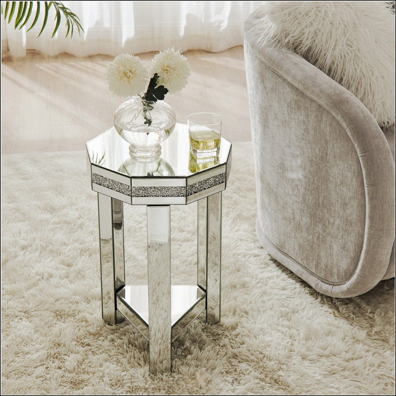 Table de bout à miroir en octogone avec incrustation de cristaux, petit canapé moderne à 2 niveaux avec rangement, table d'appoint décorative argentée pour le salon, la chambre à coucher, le café et les petits espaces 13,8 /