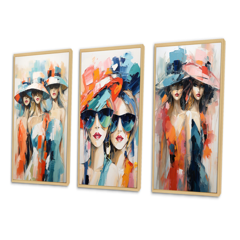 «Whimsical Fashion Gril», 3 pièces sur toile, Encadrement doré, H 20 po x l 36 po