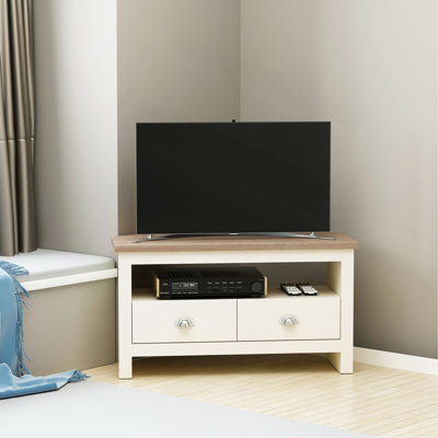 HOMCOM Corner TV Stand Up To 50", Entertainment Center TV Console Table with Drawers and Open Storage Compartment for Living Room, White