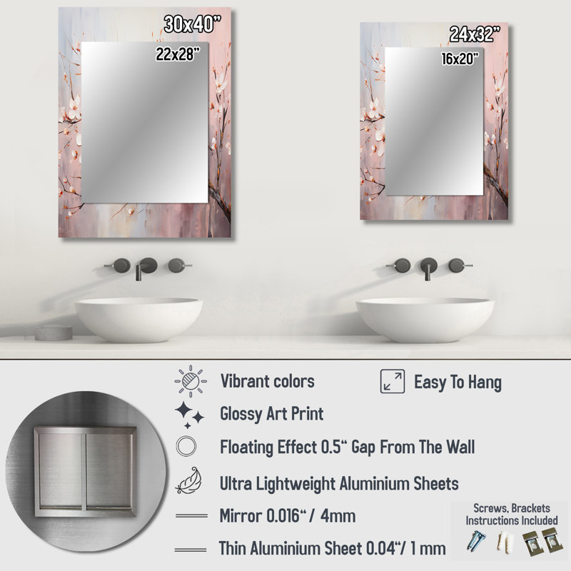 Rose et blanc, fleurs printanières charmantes - miroir de fleurs, miroir mural décoratif traditionnel, impression d'art en métal