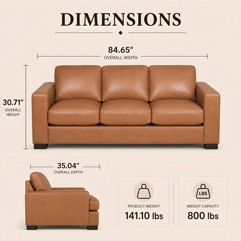 Oversized Genuine Leather Sofa – Deep Seat Square Arm Couch for Contemporary Living Room, Tan Genuine Leather