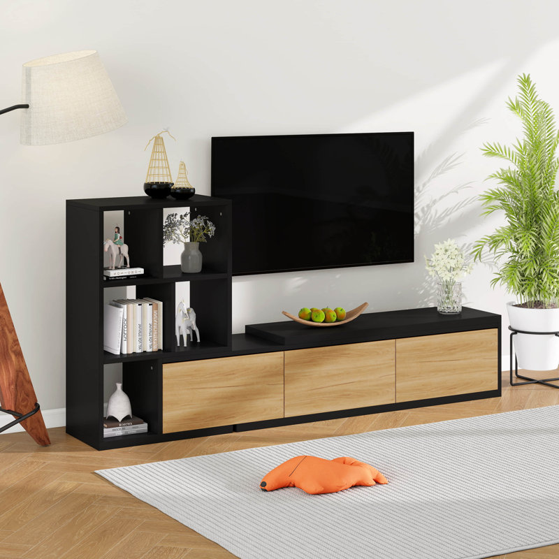 126'' Extendable TV Stand With 3 Tier Bookshelves For Tvs Up To 110'', Adjustable Entertainment Center With Storage Cabinets