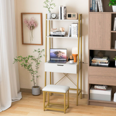 Ensemble de bureau de coiffeuse Ladder avec miroir rabattable et tabouret rembourré