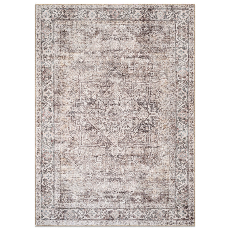 Calista Beige Medallion Flatweave Rug – Washable With Non-Slip Backing, Rectangle 5' x 7', Beige