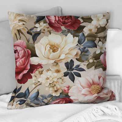 Coussin décoratif imprimé floral rose antique