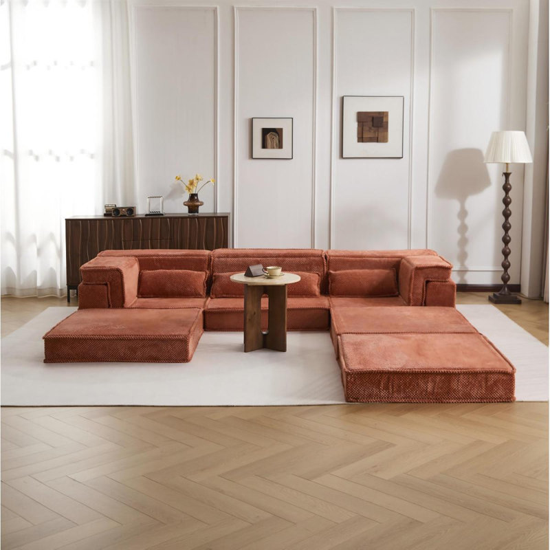 Compression Mahjong Sofa,Convertible Floor Sofa Bed,DIY Boneless Modular Sectional Sofa,No Assembly Required,Circle Fleece Fabric,Oversized 3 Seater With 3 Pillows,Orange