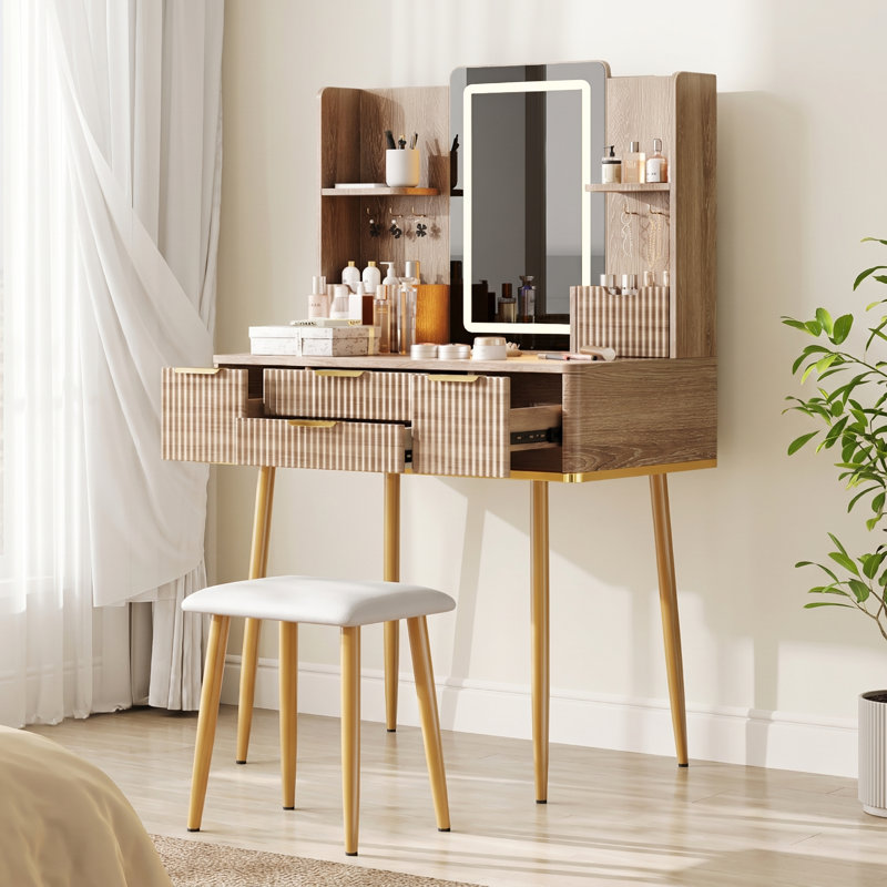 Ensemble de coiffeuse avec miroir Glam, Standard - avec quatre tiroirs