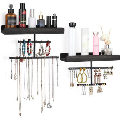 Organisateur de bijoux mural suspendu avec porte-bijoux en bois rustique pour colliers et boucles d'oreilles, ensemble de 2, noir
