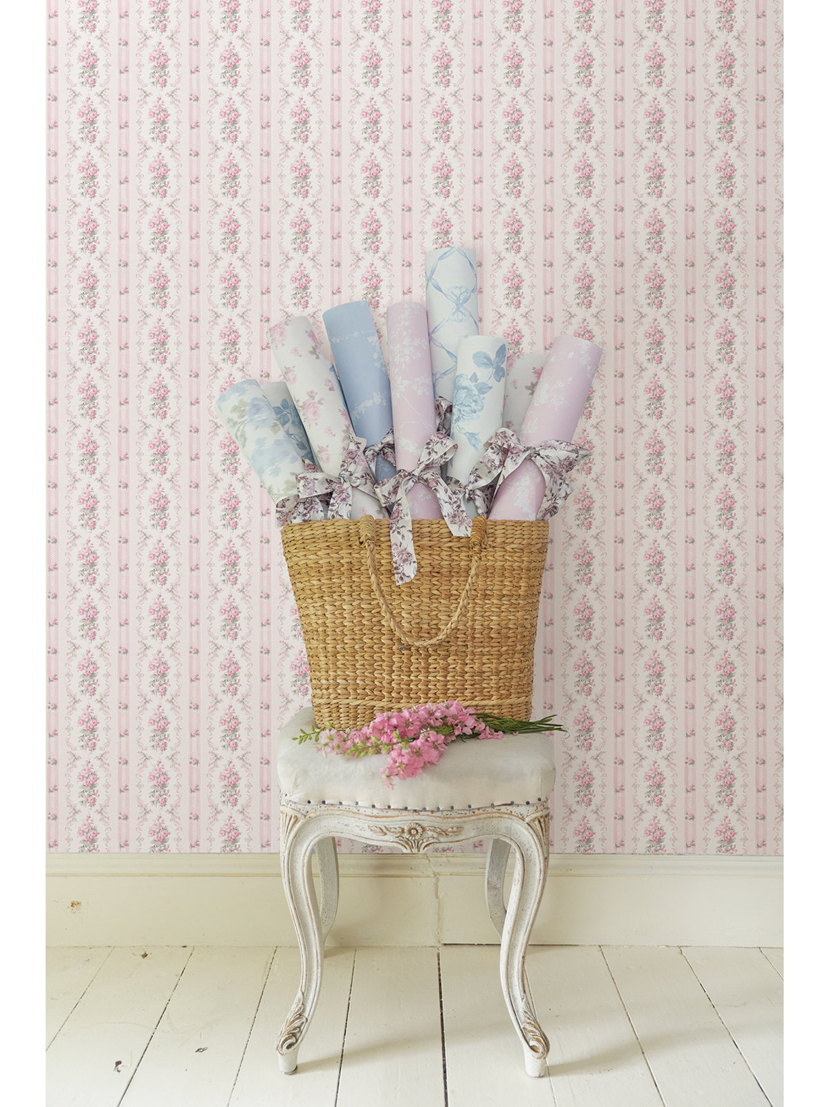 Dreamy Days Parfait Stripe and Floral Wallpaper, Pink, 20.5" W x 246" L, Peel & Stick