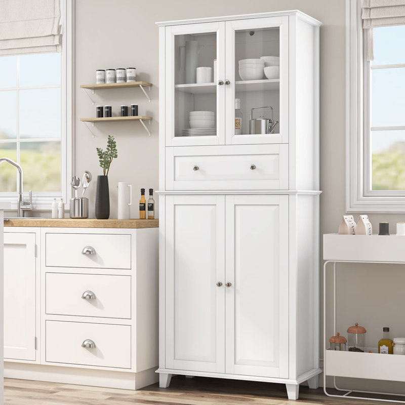 76'' White Freestanding Kitchen Pantry Cabinet with Glass Doors