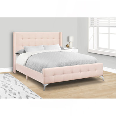 Lit, grand lit, tapissier, velours rose, pieds en métal chromé