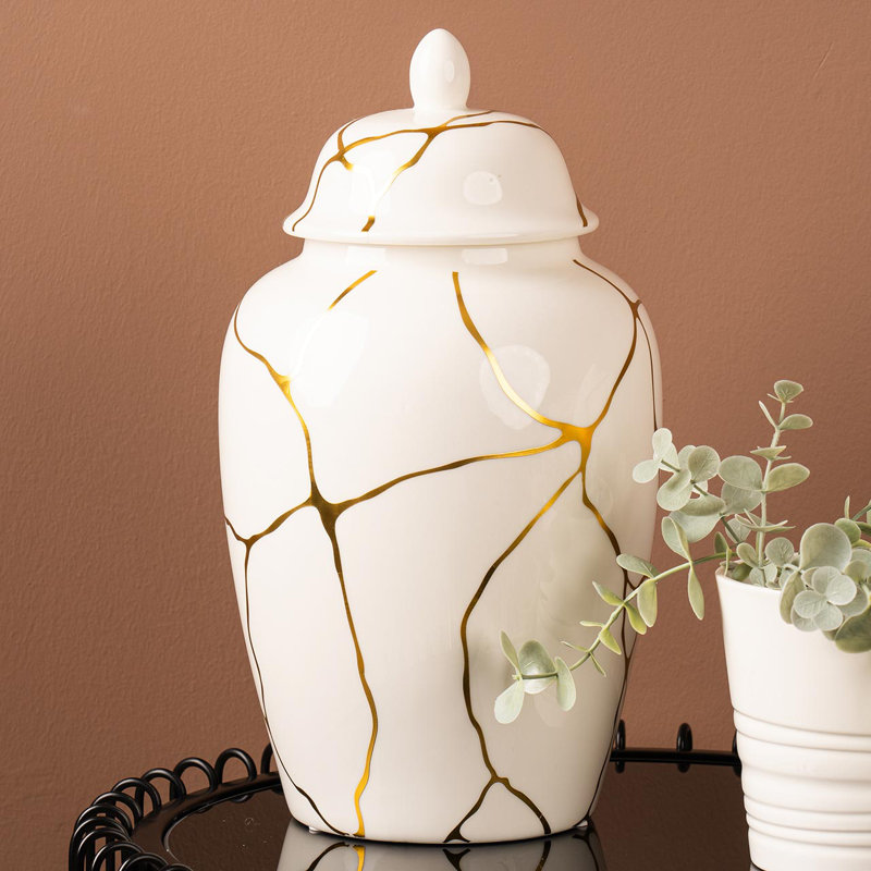Medon Ceramic Ginger Jar with Lid for Living Room, Luxury Cracked Design Home Decor, 31cm H x 18cm W x 18cm D