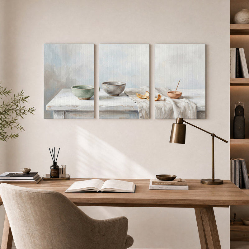 Ensemble de 3 bols verts et gris avec écorces d'oranges sur table blanche, H 24 po x l 16 po x 3 pièces