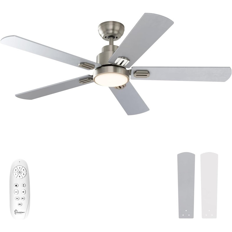 52 Inch Indoor Ceiling Fans With Lights And Remote Control, 6 Speeds Slient Reversible DC Motor, 3 Color Dimmable LED Light, Timer, 5 Blades