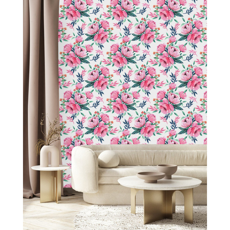 Papier peint blanc avec fleurs roses, Vert / rose