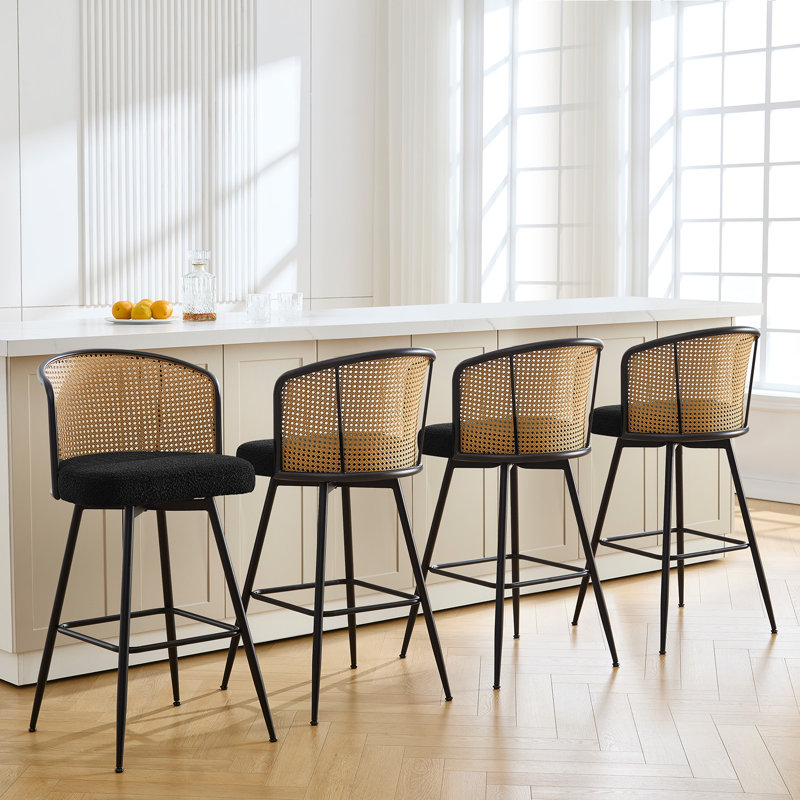 Black Boucle Fabric and Rattan Swivel Counter Stools with Metal Legs