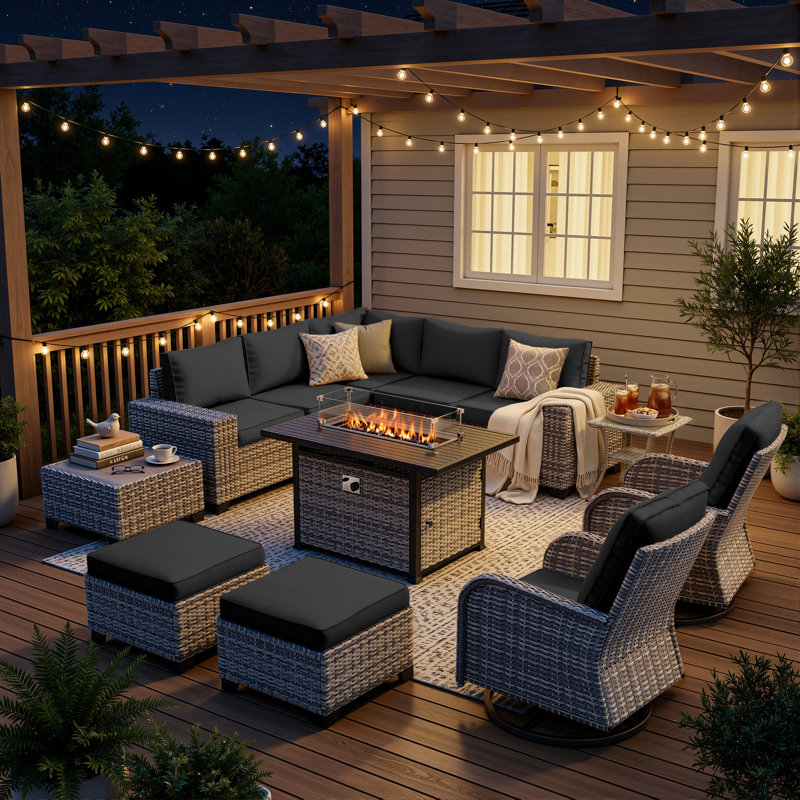 12-Piece Outdoor Modular Sectional Patio Conversation Set With Fire Pit Table, Swivel Rocker Chairs & Ottomans, Black