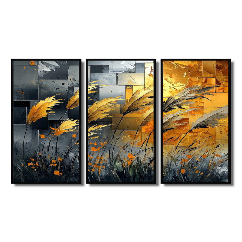 Or et gris graminées vents - ensemble d'art mural prairie, H 28 po x l 36 po x P 1 po, Toile avec cadre flottant noir