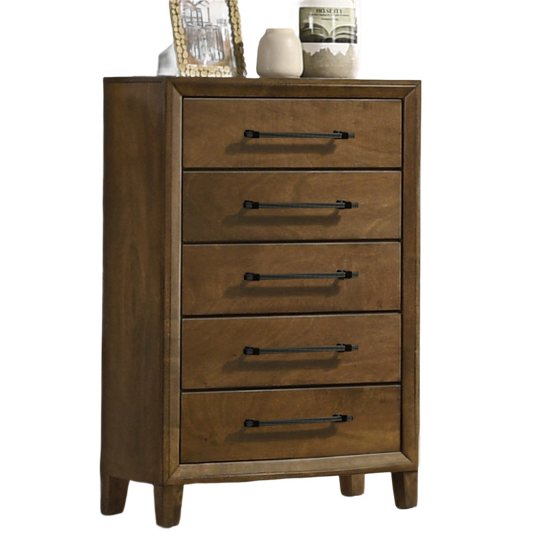 Commode haute Lary, chambre de jeunes, brun noyer, 5 tiroirs Lary