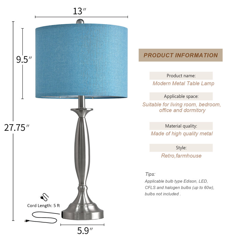 27.75"metal Table Lamp,blue Shade,with Usb, Suitable For Bedroom,living Room,office And Corridor
