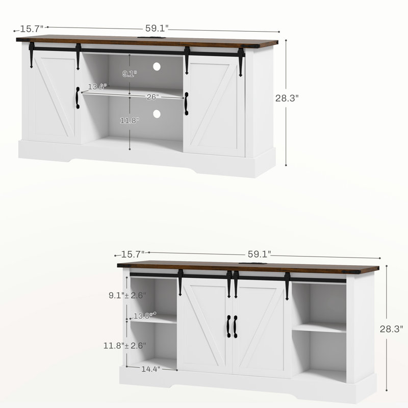 Buffet polyvalent avec station de charge et portes de grange coulissantes, idéal pour plusieurs pièces et besoins de rangement.