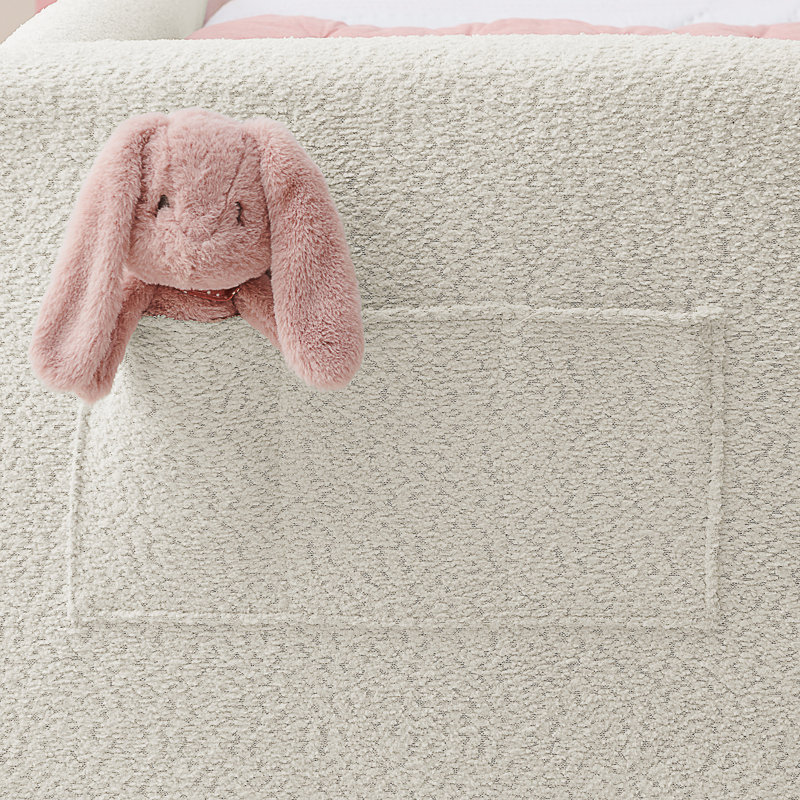 Lit plateforme tapissier simple avec tête de lit en forme d'oreille de lapin mignon, avec barrière de sécurité et poche