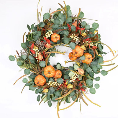26" Handcrafted Fall Front Door Thanksgiving Day Cotton Pumpkin Wreath