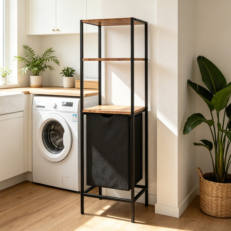 Freestanding Laundry Hamper with 3-Tier Shelves, Rustic Laundry Basket， Slim Space-Saving Metal Wood Laundry Room Organizer with Removable Fabric Bag for Beside Washing Machine, Bathroom & Small Narrow Corners