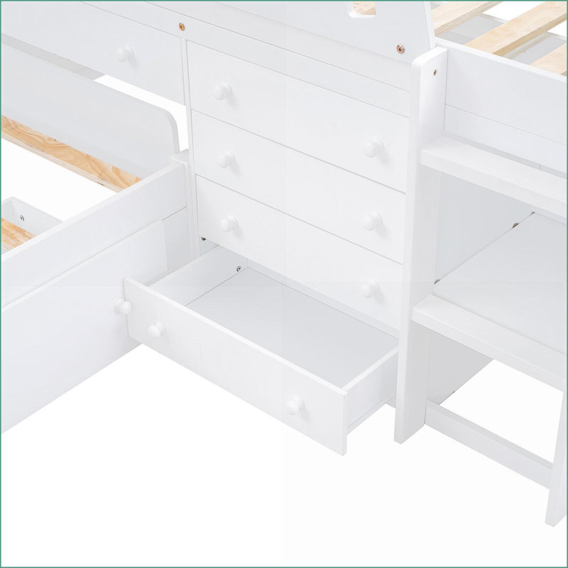 Twin Size Pine Wood L-Shaped Loft &amp; Platform Bed with 7 Drawers, Full Guardrails, No Box Spring - White, White