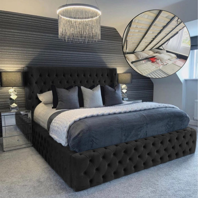 Aliyannah Upholstered Ottoman Storage Bed, Black, Double (4'6)