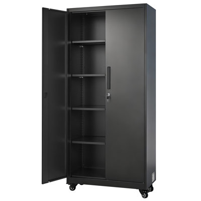 Metal Storage Cabinet, 70.6 in Rolling Steel Garage Cabinet with Adjustable Shelves, 2 Magnetic Doors, Hanging Rod & 3 Rod Hooks, 5 Tiers Lockable Tool Storage for Pantry, Warehouse, Basement