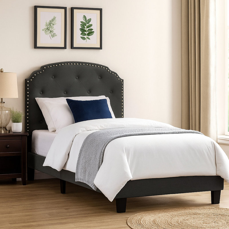 Lit plateforme tapissier Tuffeté Alvena, Simple, Gris foncé