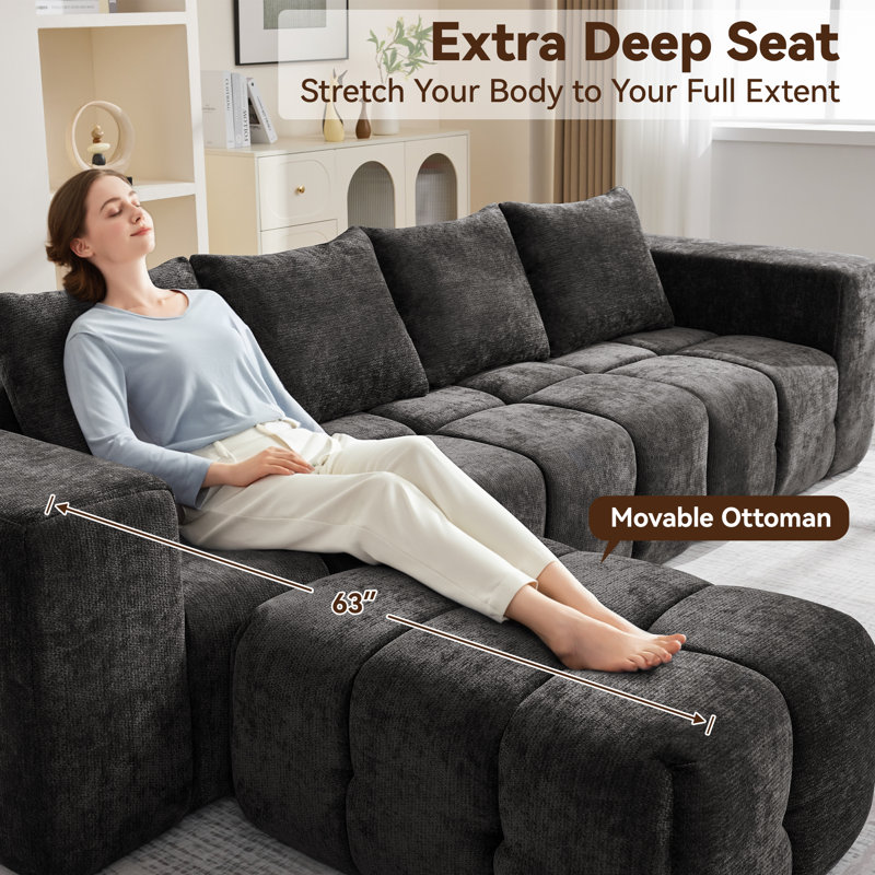 Ensemble de canapé modulaire avec repose-pieds Boneless, Chenille noir, 25" H x 119.3" W x 39.4" D