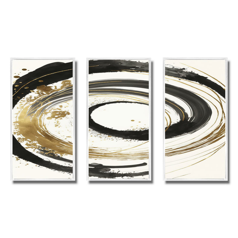 «Avrianna Black and Gold Curves IV», ensemble de 3 reproductions, H 28 po x l 36 po x P 1 po, Cadre blanc
