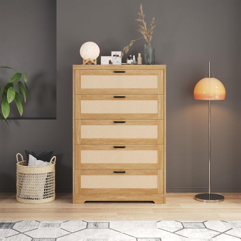 Commode haute pour chambre à coucher, commode en bois avec accents en rotin, commode de rangement verticale pour vestibule de salon