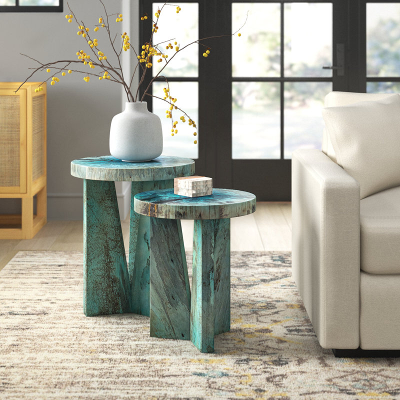 Leonora Solid Wood Nesting End Table, Blue