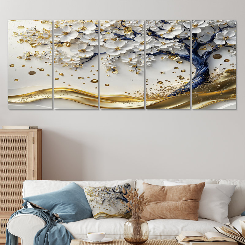 Ensemble de salon art mural blanc et bleu Cherry Blossom Garden Of Branches I - Cherry Blossom, H 32 po x l 80 po