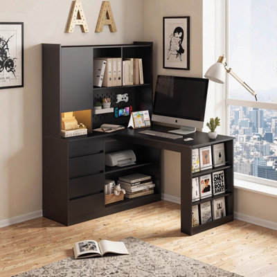 Bureau d'ordinateur en L avec éclairage à DEL et station de charge, bureau de jeu d'angle moderne avec tiroirs et bibliothèque, bureau d'écriture avec rangement pour bureau à domicile, noir